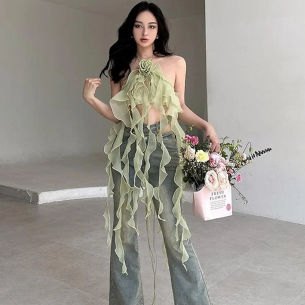 Женский укороченный топ с воланом асимметричная блузка открытой спиной и