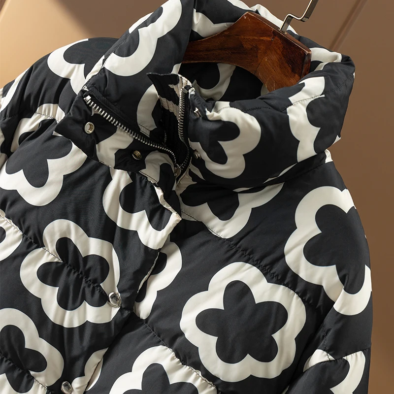 90% White Goose Down Print Jacket Women  Parkas  Casaco Feminino Inverno 2022  Wide-waisted  Zipper  Pockets  Coat Women