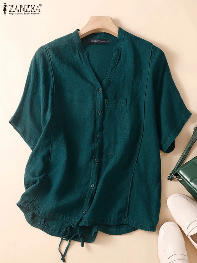 

Women Solid Holiday Lady Leisure Short Sleeve Blouse ZANZEA 2023 Summer Loose Cotton Pullovers Oversized Casual Blusas Femininas