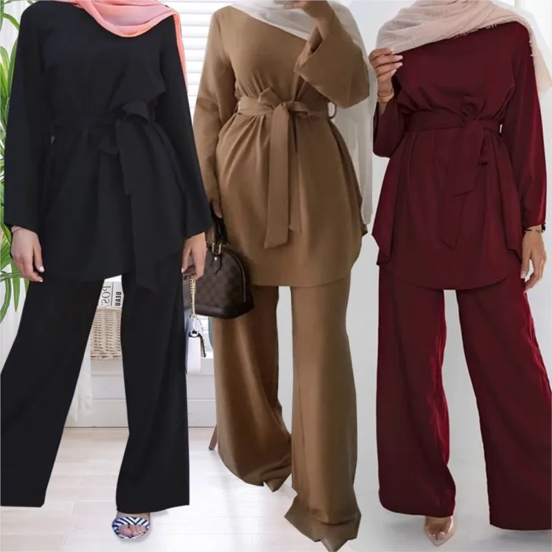 Fashion Muslim Set Simple Party African Clothes Two Piece Set Tops And Pants Matching Set Solid Bazin Baggy Wide Leg Pants Fall