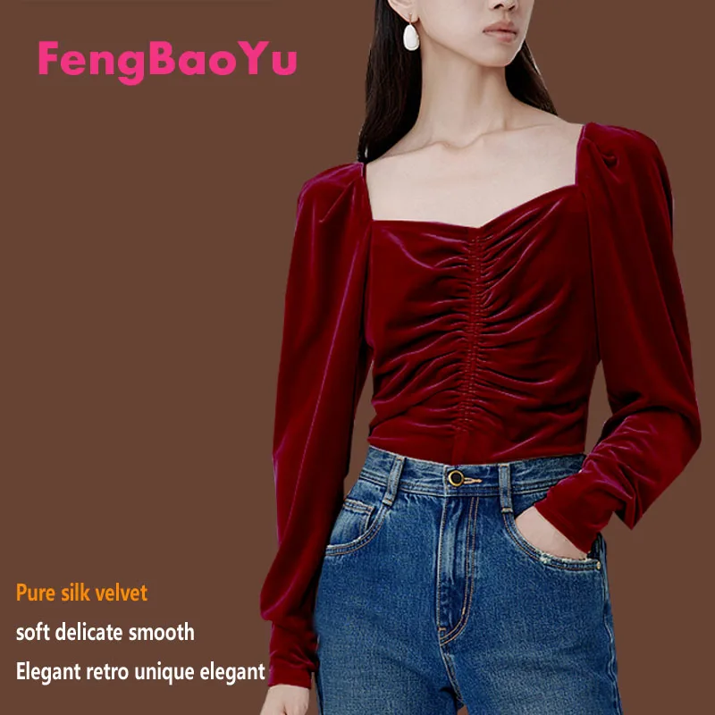 Fengbaoyu Silk Velvet Spring and Autumn Lady Horseshoe Sleeved Blouse Vintage Square  Bottomed Shirt Soft Light  Women's Clothes