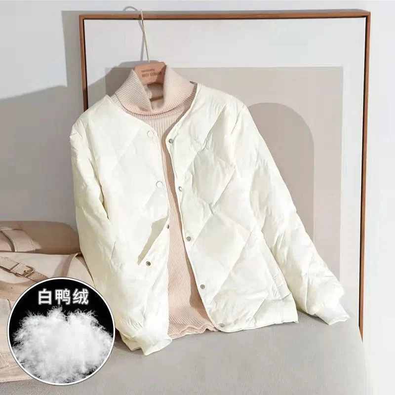 Down Jacket Womens Diamond-shaped Short Loose Thin White Duck Down Coat 2022 Autumn Winter New Fashion All-match Casual Parkas