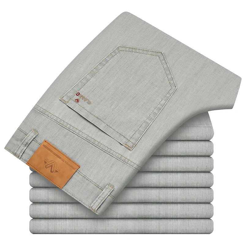 

2022 Spring Summer New Men's Thin Light Blue Jeans Business Casual Stretch Light Grey Pants Denim Trousers Male Brand Clothing