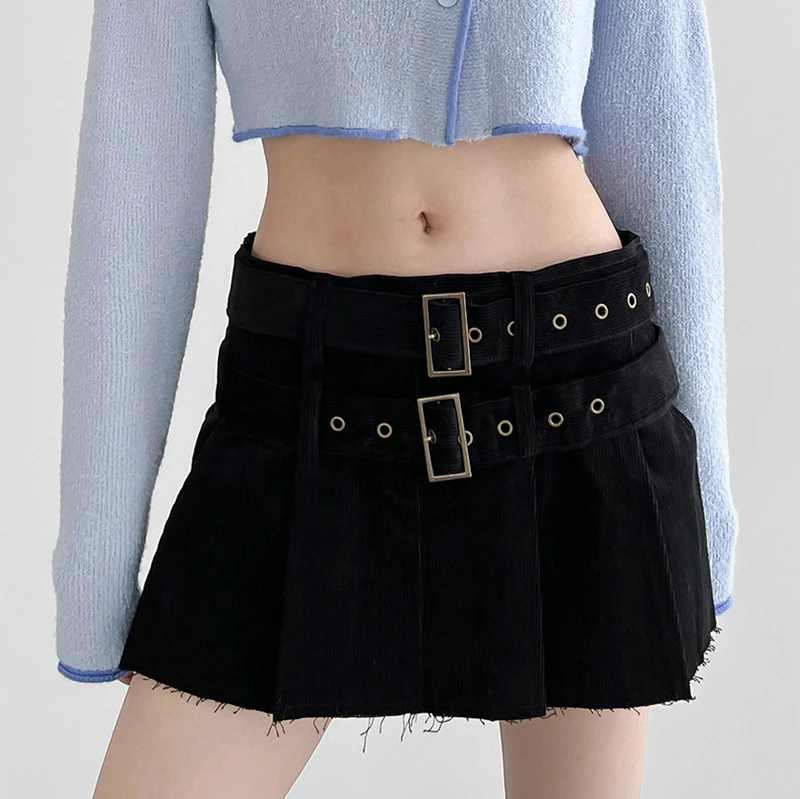 

Korean Fashion Pleated Skirt with Belt Preppy Grunge Chic Cute Corduroy Mini Skirt 90s Vintage Y2K Streetwear Women Bottom