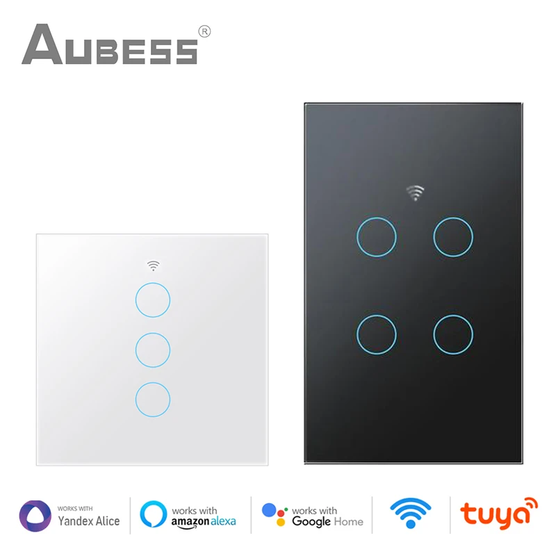 

AUBESS Tuya WiFi Smart Life Switch Glass Screen Touch Panel EU US 1/2/3/4 Gang Light Switch Works With Alexa Google Home Alice