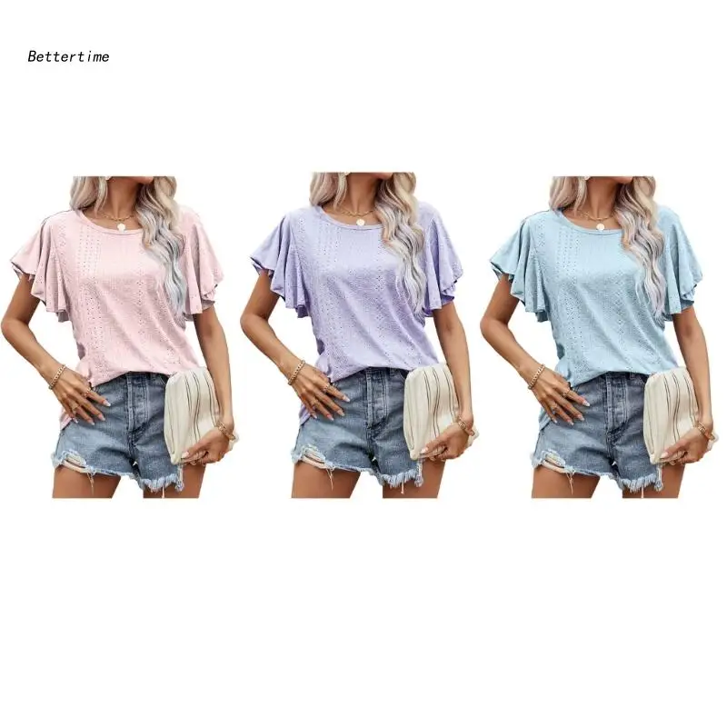 

B36D Женская Расклешенная туника с коротким рукавом и оборками, повседневный топ с вырезом лодочкой и вырезами в горошек