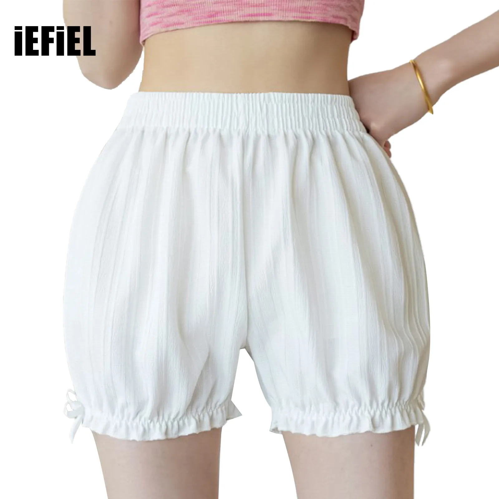 

Women Bowknot Striped Frilly Bloomers Shorts Solid Color Elastic Waistband Panties Underwear Homewear Loungewear