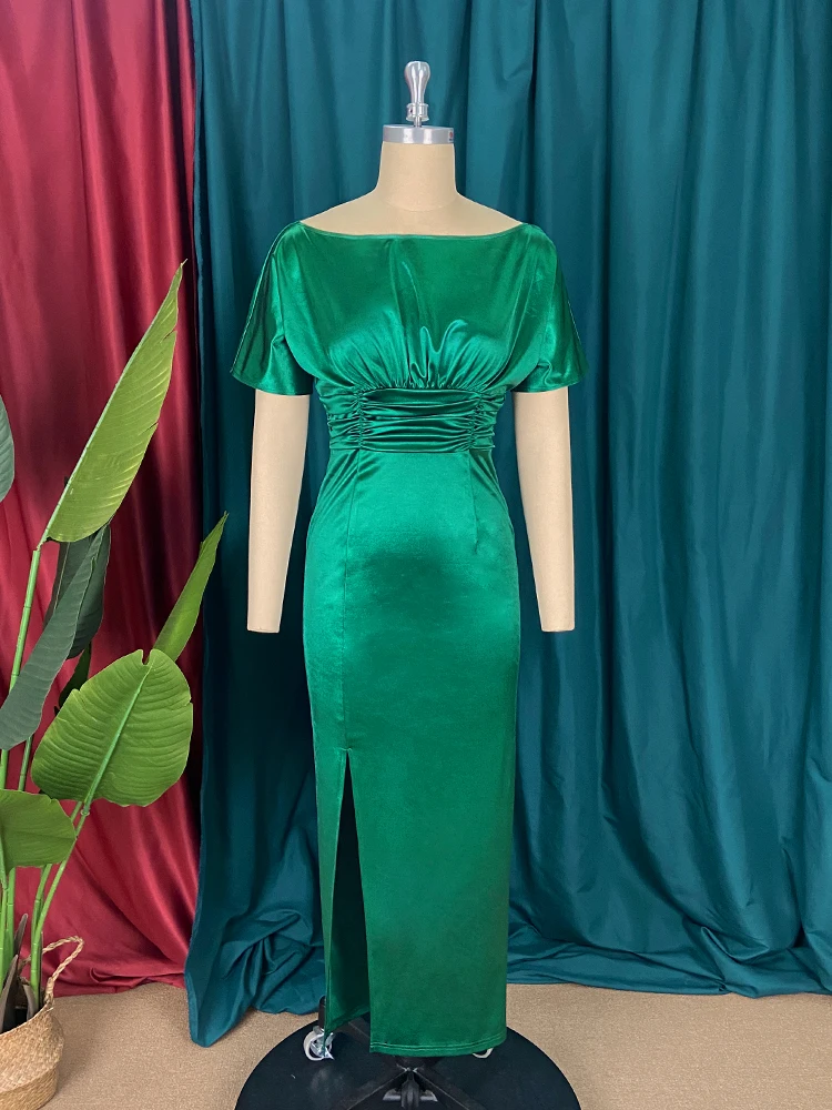 Платье женское вечернее атласное с открытыми плечами коротким рукавом и высокой