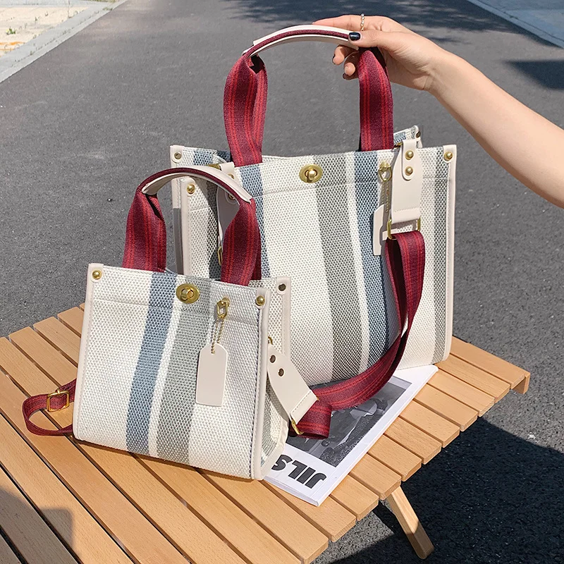 Luxury Designer Tote Bag Women's Large Capacity Shoulder Bag Messenger Bags Vintage Striped Female Bags Casual Canvas Handbags