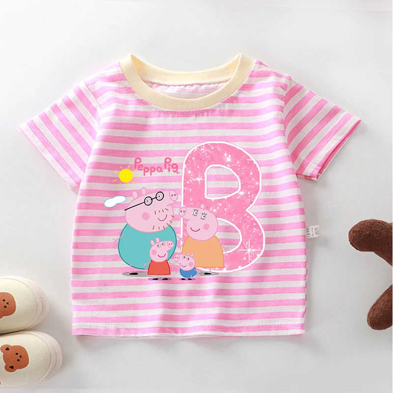 Фото Летняя полосатая футболка Peppa Pig для мальчиков и девочек, детская тонкая футболка с коротким рукавом, повседневная одежда №3