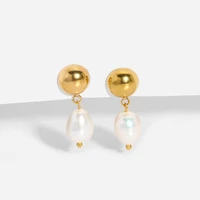 ins natural freshwater pearl hemispherical stud earring gold color stainless steel bead drop earring for women gift %c2%a0