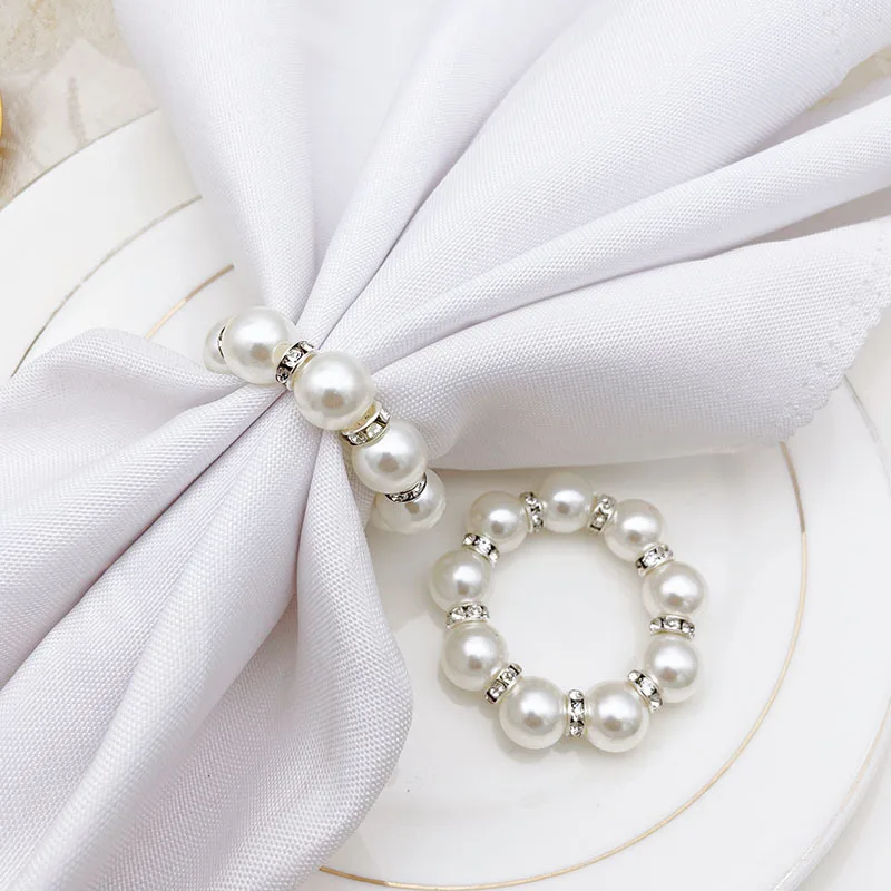

6pcs/lot Cute White Pearls Napkin Rings Beads Chain Metal Buckle Wedding Event Party Table Place Settings Birthday Decoration