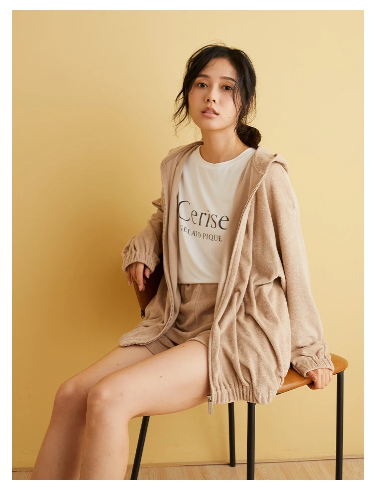 Room Wear Gelato Pique Homewear Women Pajamas Set Hoodie Shorts Trousers Bear Embroidery  Towels Fabric