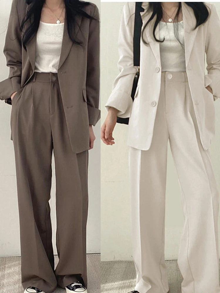 

Spring Fashion Office Sets High Waist Straight Pants and Pocket Single Breasted Korea Coat Set Casual Solid Blazer Suit Women