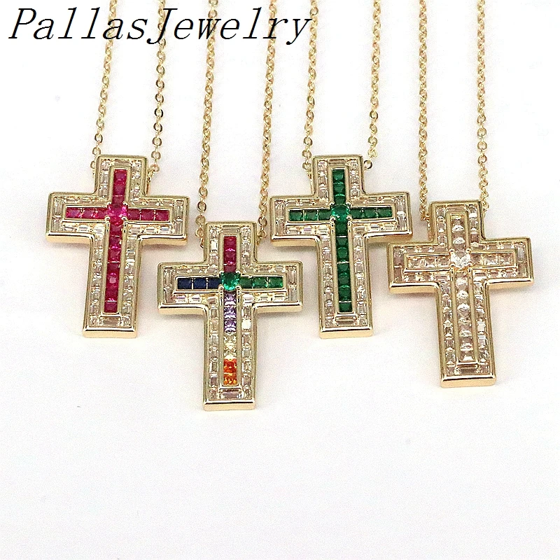 

5Pcs 18K Gold Plated Jewelry Rainbow Cubic Zirconia Cross Pendant Religious Catholic Design Charms Necklace