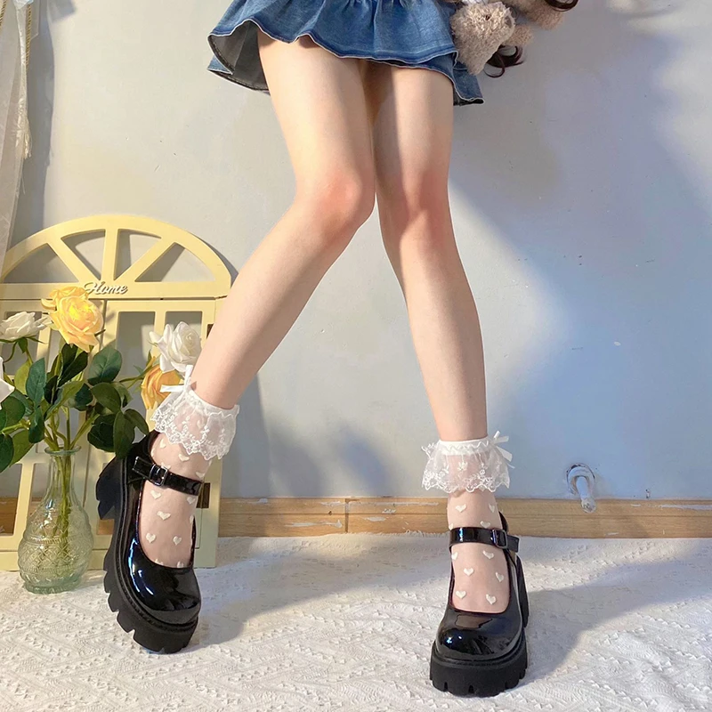 Women Lolita Transparent Mesh Crew Socks Sweet Ruffled Lace Trim Bowknot Cute Love Heart Pattern Anime Princess Hosiery