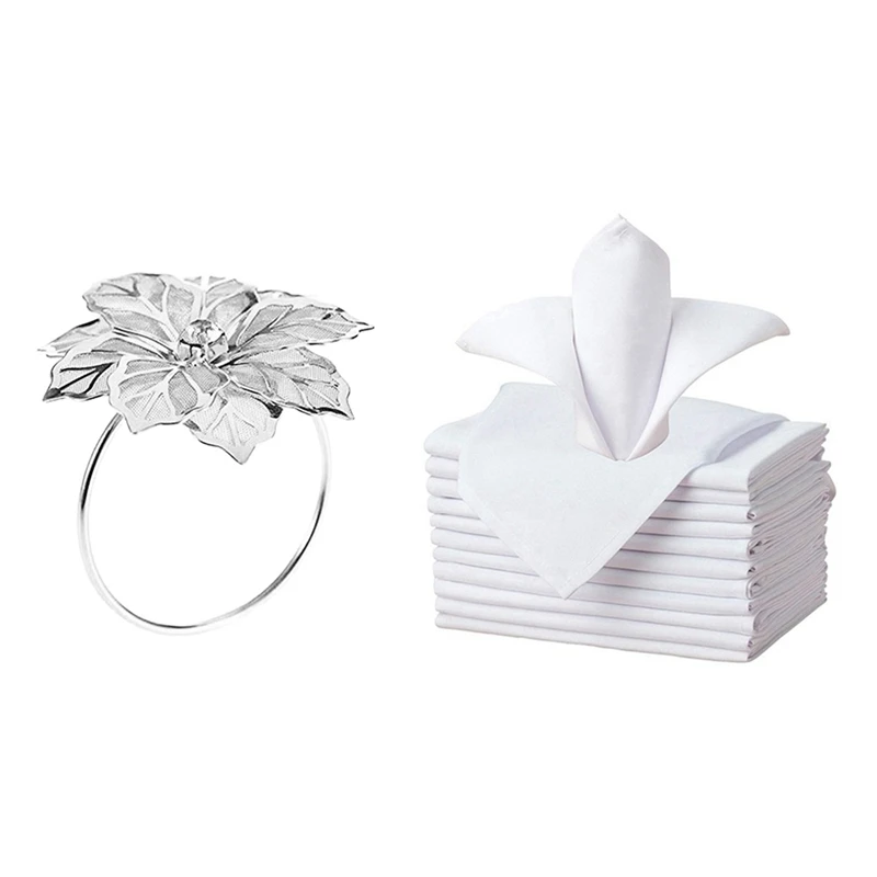 

Hot 6Pack Napkin Rings, Gold Napkin Rings Buckles Silver & 12 Pcs Cloth Napkin Polyester Dinner Napkin