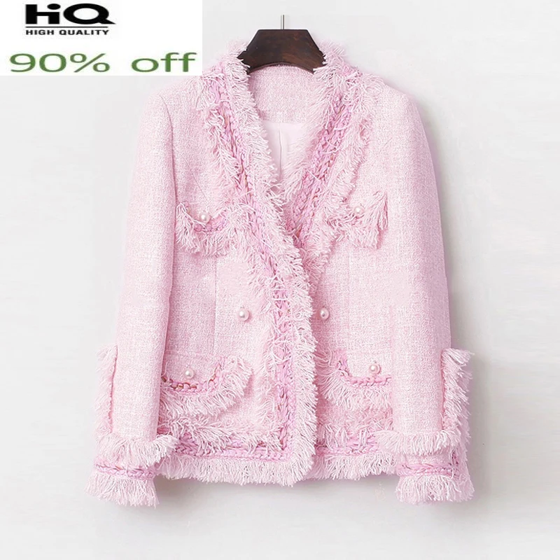 

Женская твидовая розовая куртка с V-образным вырезом на весну/осень, женская цельный пиджак с маленьким запахом, Женская куртка, пальто