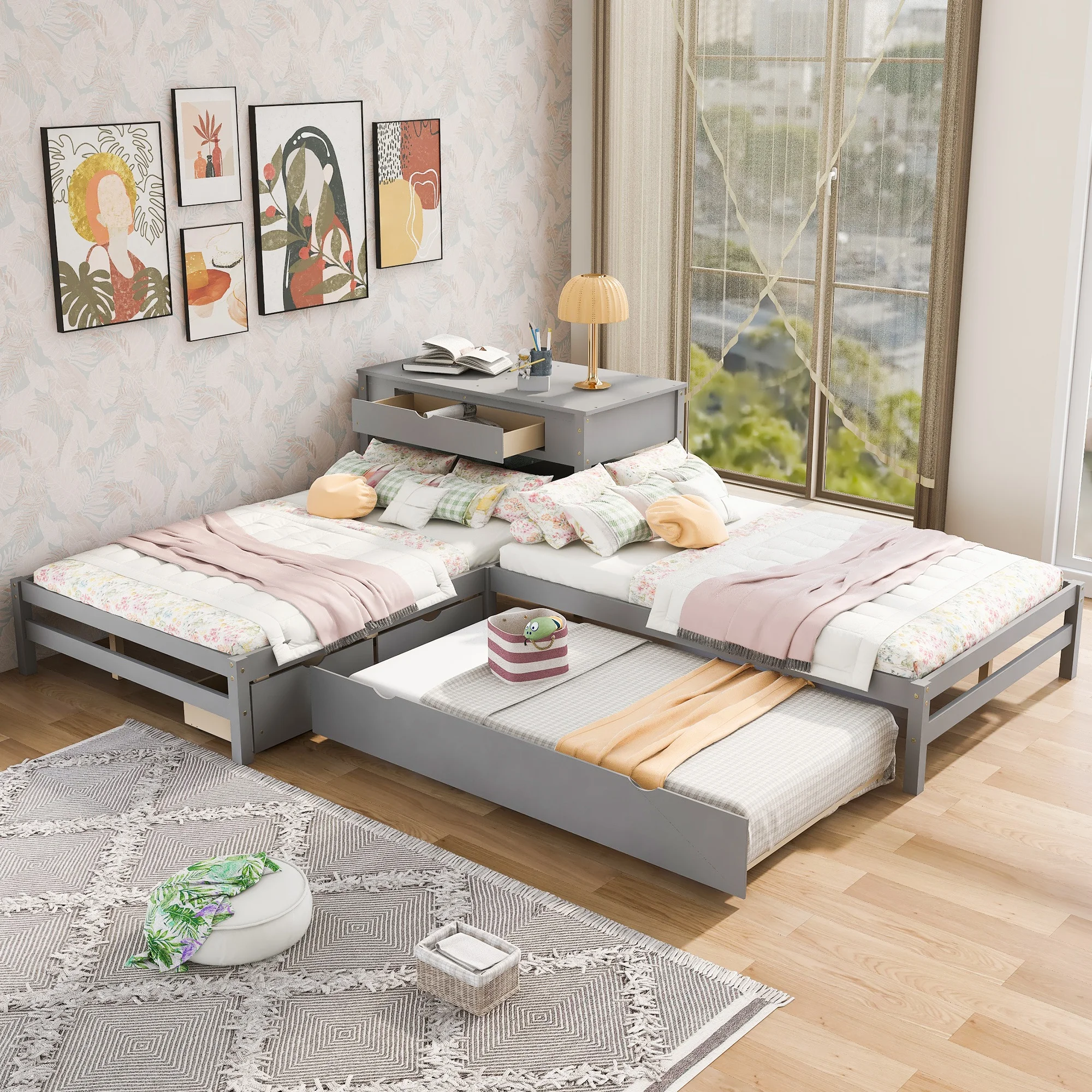 

Home Bed Full Size Full Size L-shaped Platform Beds With Twin Size Trundle And Drawers Linked With Built-in Rectangle Table Gray