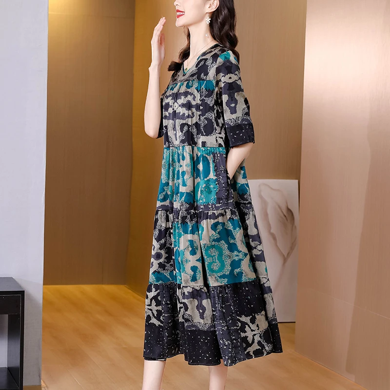 

Heavyweight Silk Print Patchwork Dress Women's Party Clothing 2022 New Summer Fashion Large Size Loose Tight Skirt Vestidos