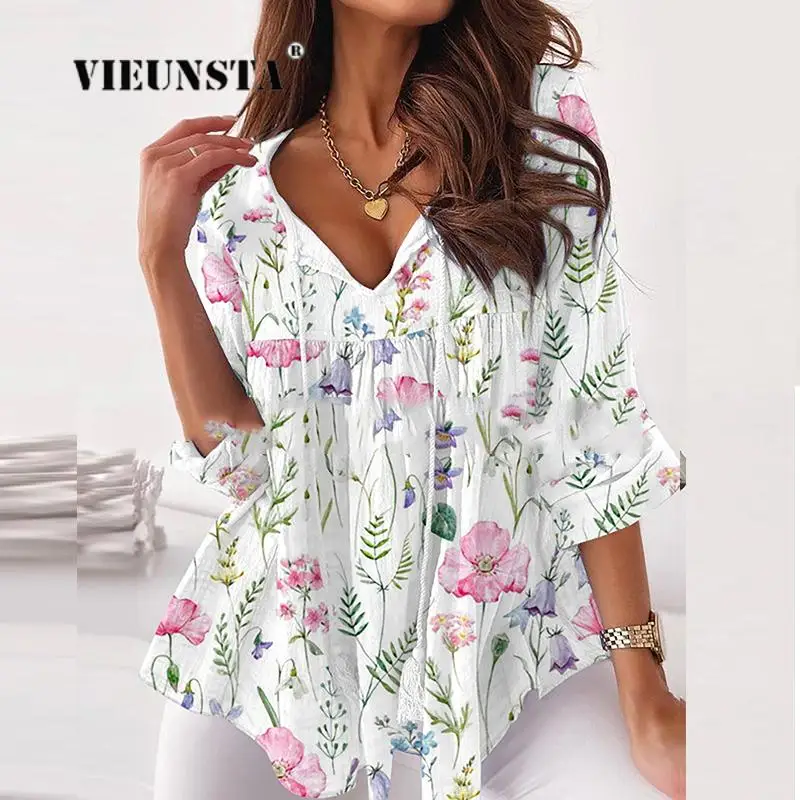 

Женская винтажная блузка на завязках, Свободный Повседневный пуловер с принтом, с V-образным вырезом, в складку, уличная одежда на осень