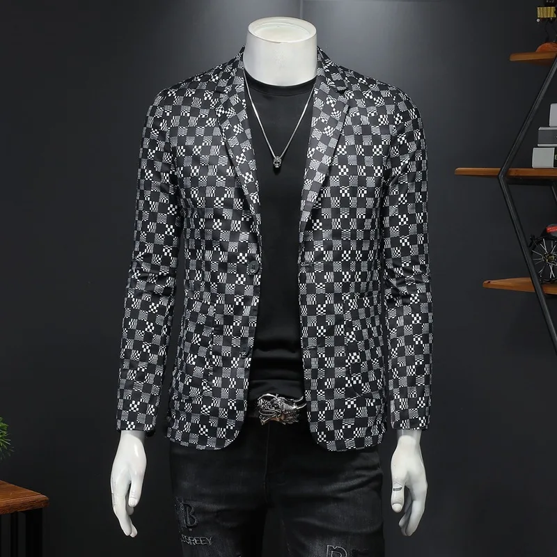 

Mens Stylish Blazer Plaid Printing Blazer Men Trend Brand Fashion Business Blazer Masculino Slim Blazers Para Hombre
