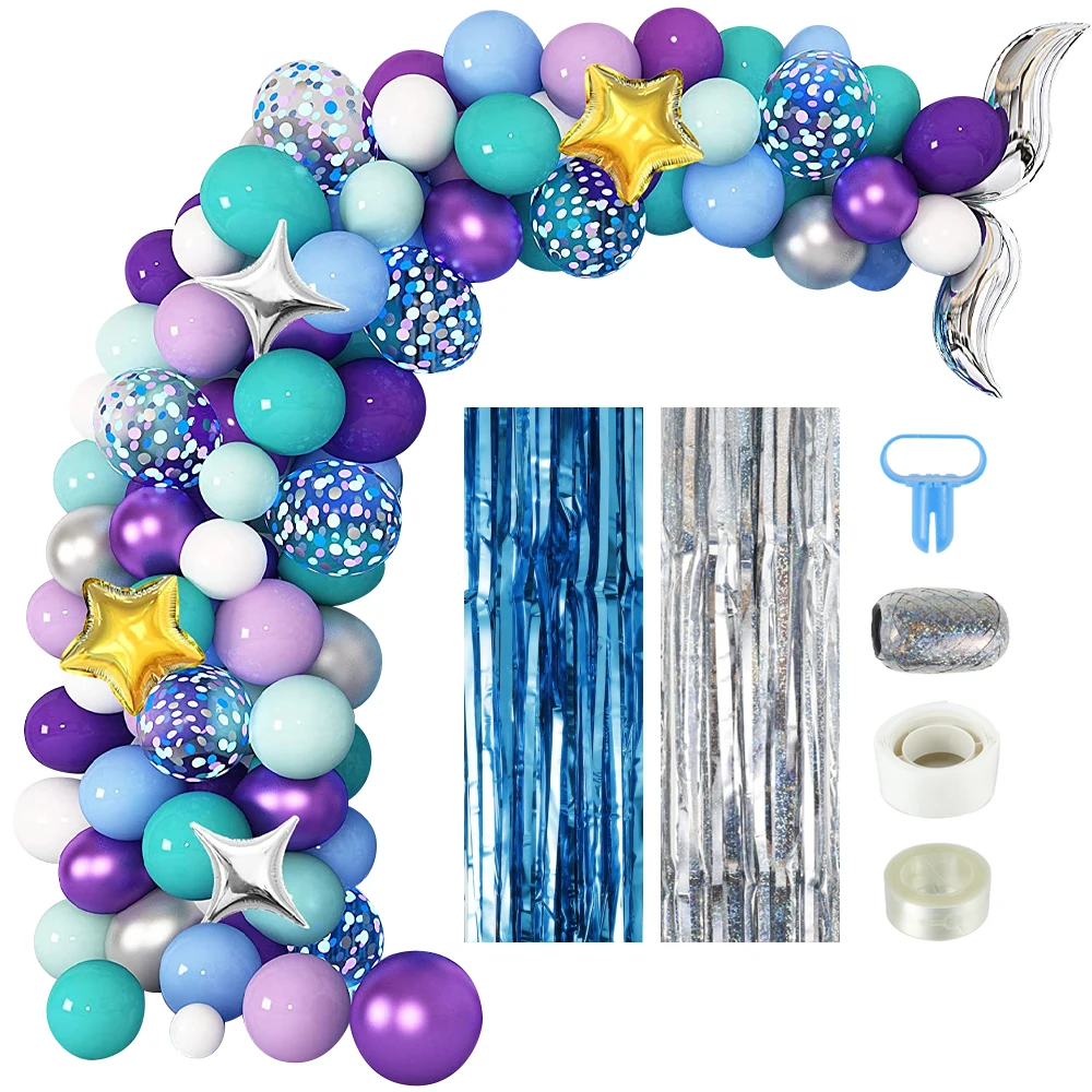 

L 122Pcs Mermaid Party Decorations Balloons Arch Garland Kit with Foil Fringe Curtain Mermaid Tail Confetti Purple Metallic