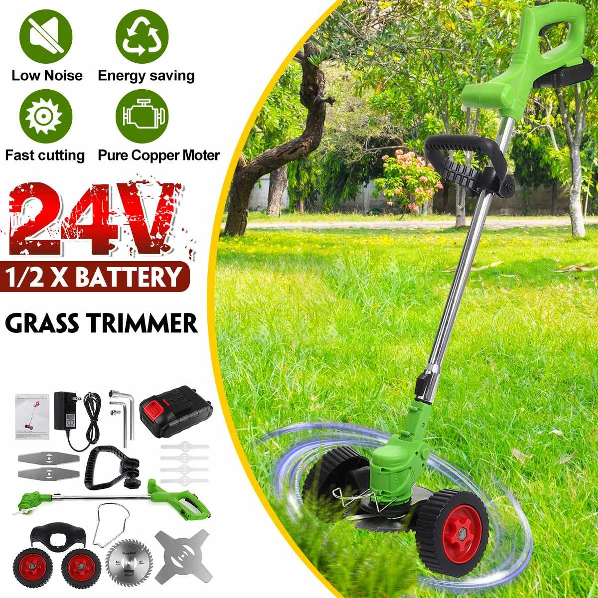 24V Electric Grass Trimmer Cordless Lawn Mower Garden Pruning Tools With 2PC 3.0Ah Battery & Wheels