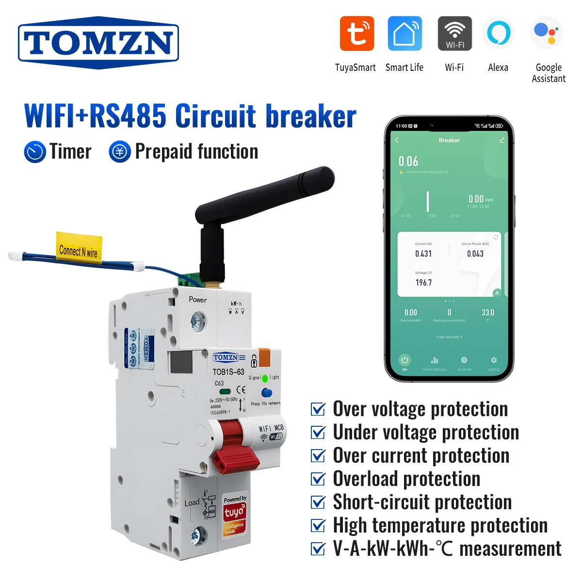 Автомат защити цепи TOMZN TOB1S-63 1P+N 230В 1-63А WiFi