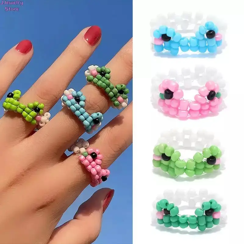 

Cute Frog Resin Acrylic Beads Rings Simple Animal Unique Handmade Gift Friendship Bohemian Beaded Rings Jewelry Women Girls