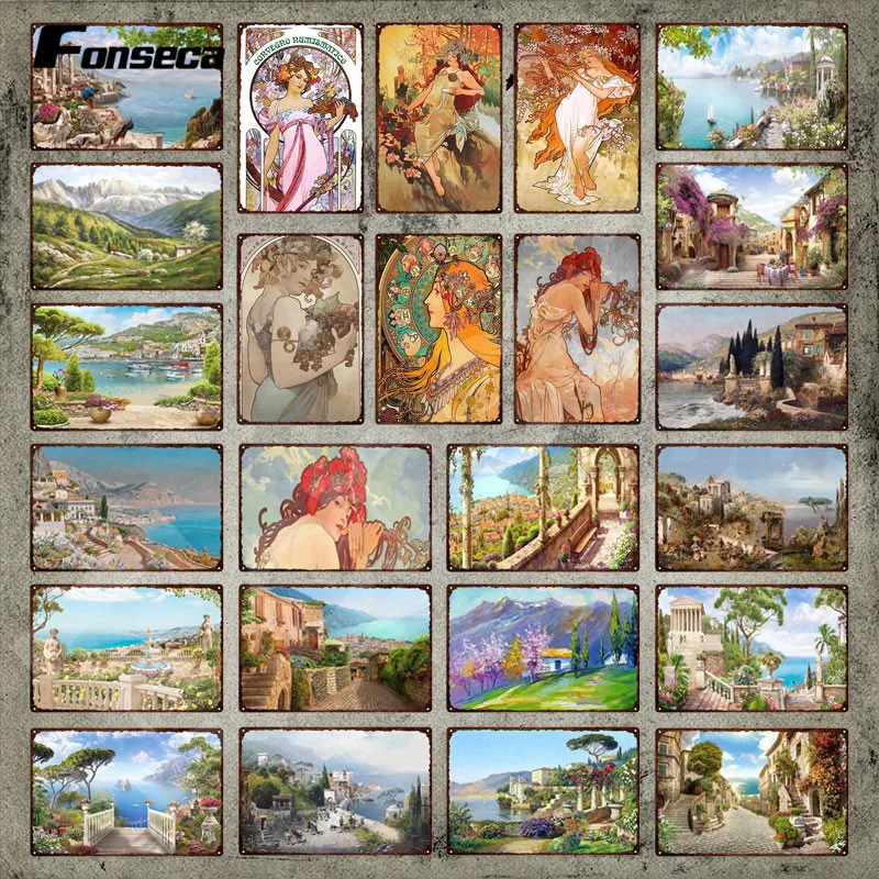 

Metal Plate Landscape Natural Scenery Mountains Rivers Lighthouses Abd Retro Woman Vintage Tin Sign Plaque for Home Wall Decor