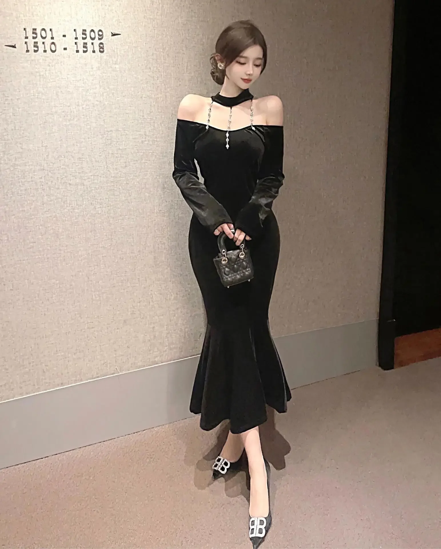 Винтажное бархатное платье женское черное платье-русалка для похудения