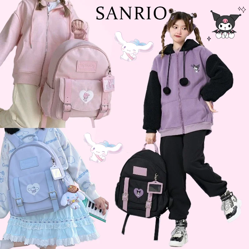 

Sanrio Kuromi Schoolbag Kawaii Cinnamoroll My Melody Cartoon Anime Canvas Send Pendant Zipper School Travel Shoulder Bag