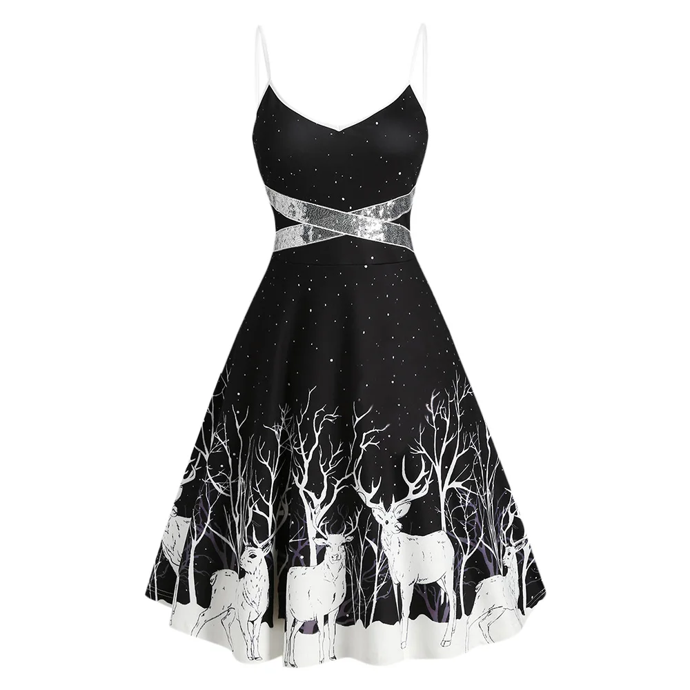 

Women Dress Sequined Stitching Print Casual Slip Dress Party Dress Sequined Reindeer Print Mini Cami Dress 2023