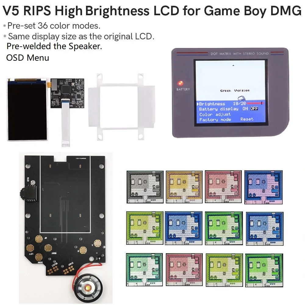 GB DMG RIPS V5 36 Colorful Models OSD Menu Full Size IPS Backlight LCD For GameBoy DMG GB Console And Pre-Solder Speaker