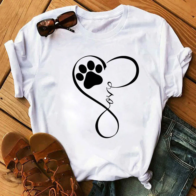 

New Fashion Women Tshirt Love Heart Dog Paw T Shirt Women Cartoon T-shirt Harajuku Tops Tee Short Sleeve Cute Female Tshirts Tee