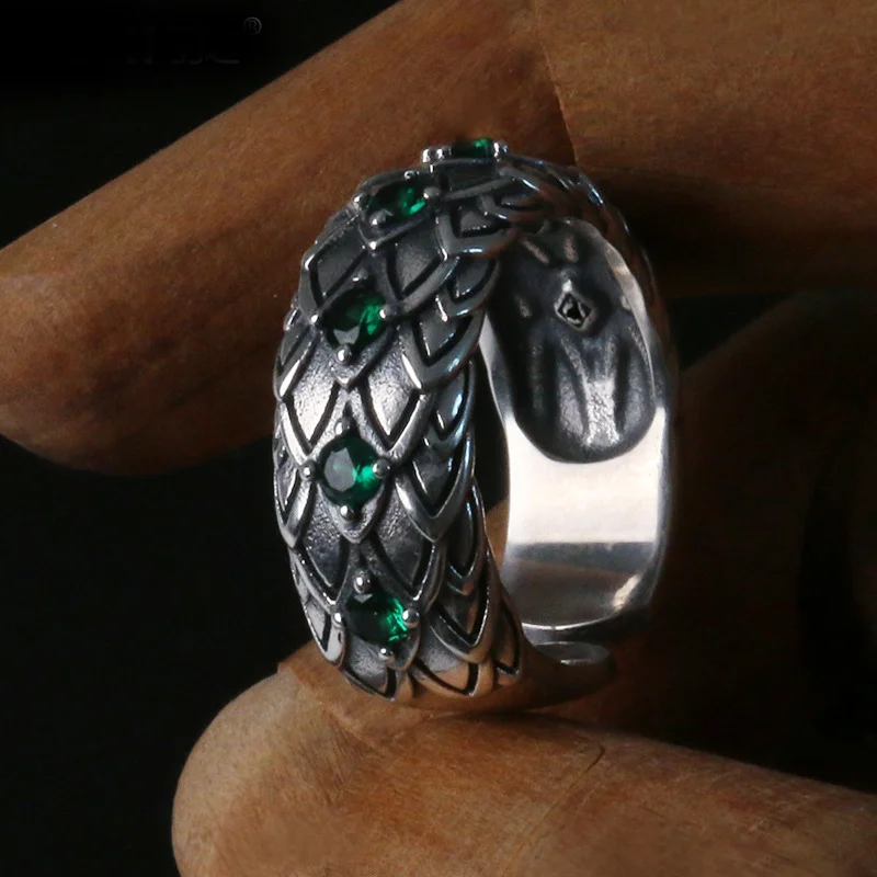 

Taigu Men's Ring, Green Crystal Snake Scale, Silver Ornament, Snake Ornament, Dominant Index Finger Ring, Minority