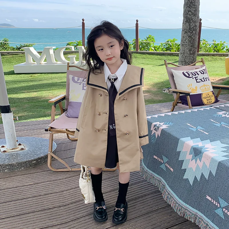 Длинный тренчкот для девочек-подростков на весну-осень 2024 новая модная куртка