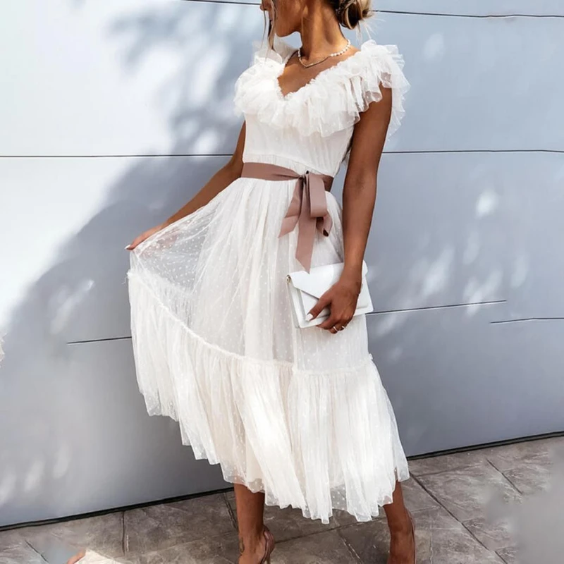 

Elegant Off Shoulder Backless Party Sundress Women Deep V-Neck Ruffle Sleeveless Dress Summer Lace Mesh Spliced Long Dresses