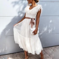 elegant off shoulder backless party sundress women deep v neck ruffle sleeveless dress summer lace mesh spliced long dresses