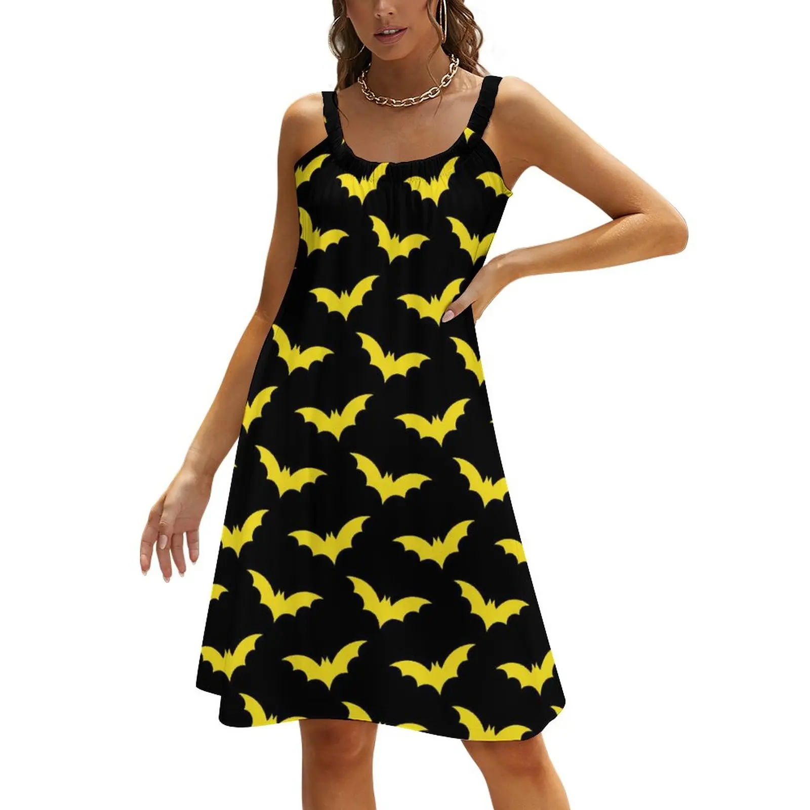 

Gothic Art Print Dress Halloween Yellow Bats Casual Loose Dresses Spring Graphic Cute A Line Sundress Strap Vestidos 3XL 4XL 5XL