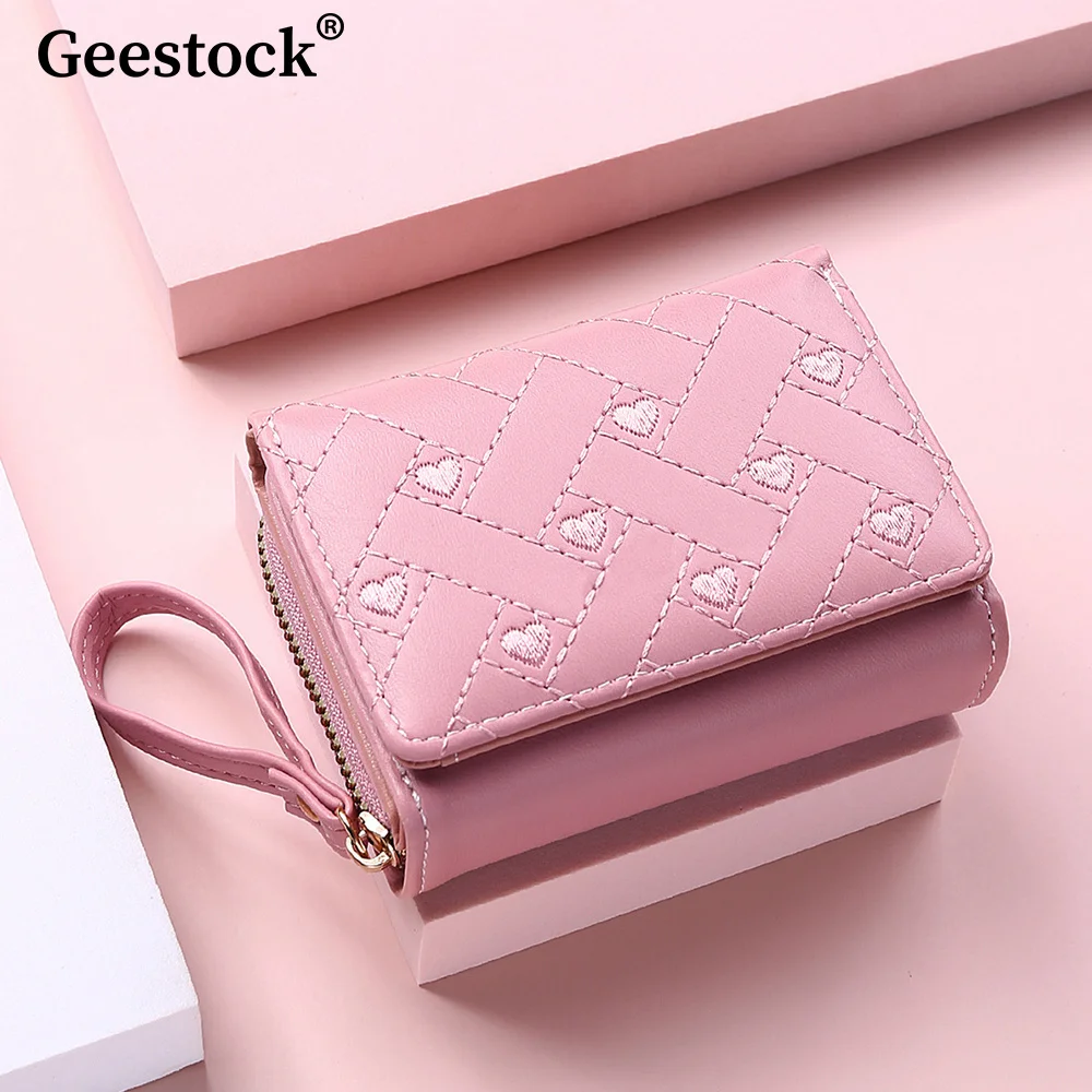 

2023 Women's Wallet for PU Leather Fashion Embroidered Love Tri-fold Small Wallet Card Holder Multi-card Slot Coin Purses