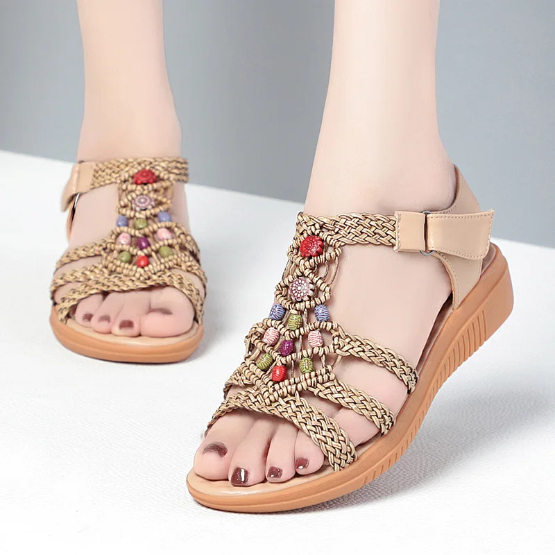 Women's Sandals Large Size2023New Soft Leather Mid Heel Beach Shoes Fashion Wedge Heel Flat Maternity Sandals Women Women Shoes