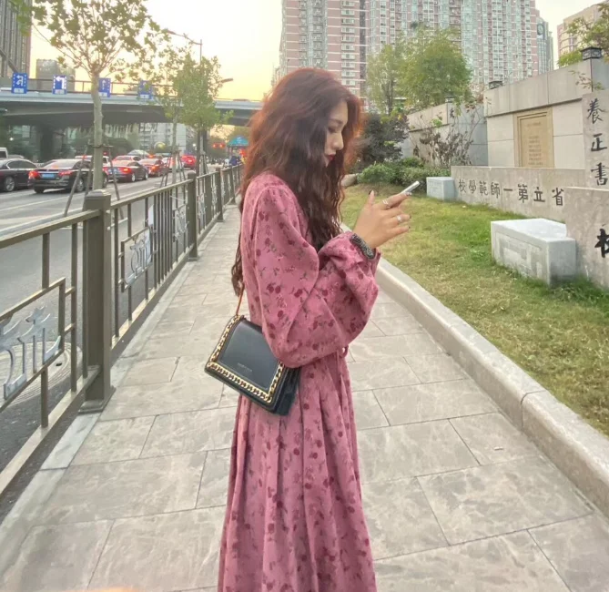 

Autumn Outsize Women's Corduroy Fragmented Flower Covering Crotch Long Dress Slim Fairy Rose Dress M-4XL 100KG