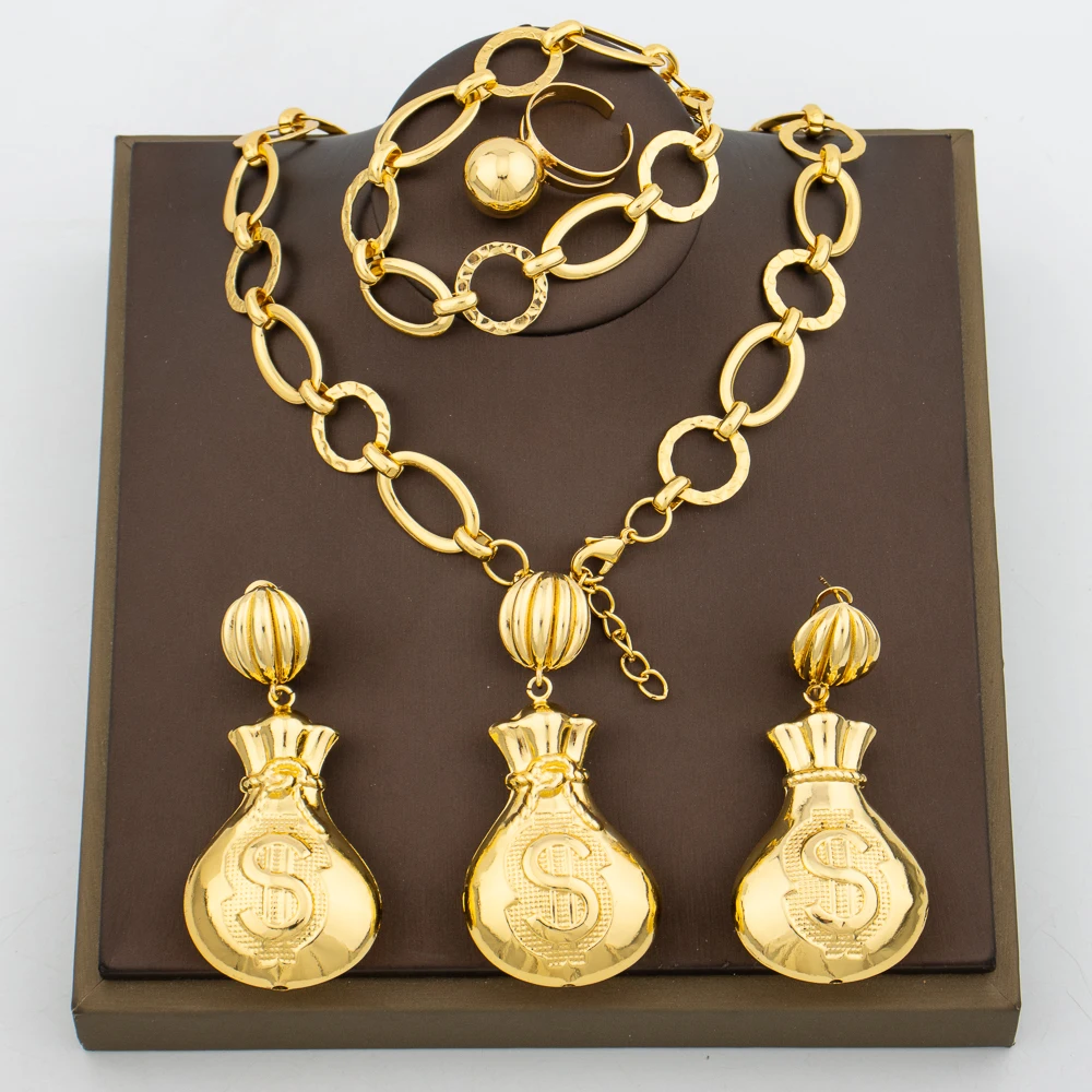 

Dubai Golden Plated Jewelry Set for Women Dangle Earrings and Pendant Necklace with Bangle Ring Jewelry Set Weddings Party Gifts
