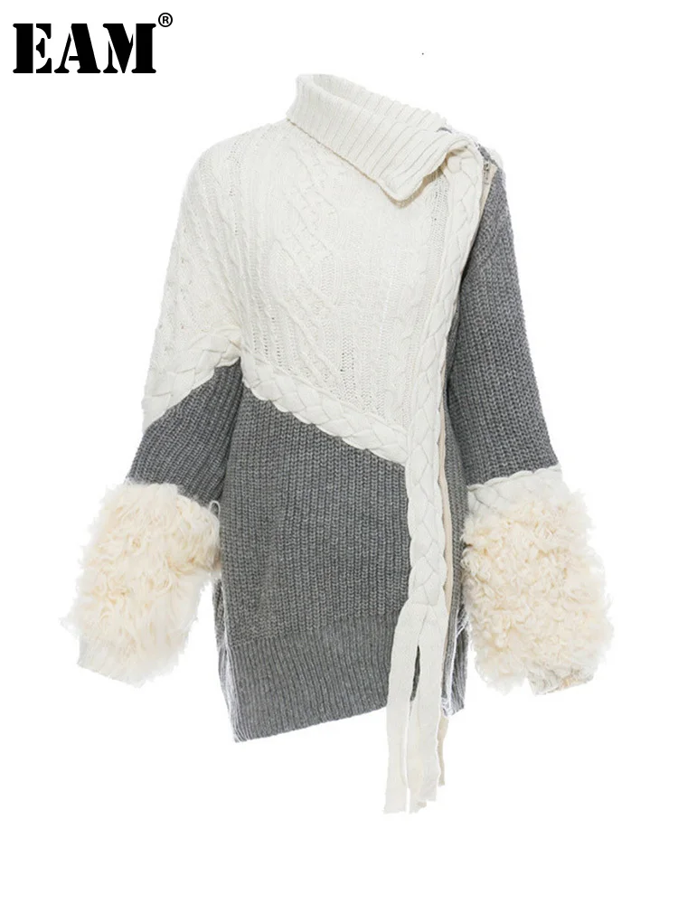 

[EAM] Asymmetrical Split Fur Big Size Knitting Sweater Loose Fit Long Sleeve Women New Fashion Tide Spring Autumn 2023 1H202