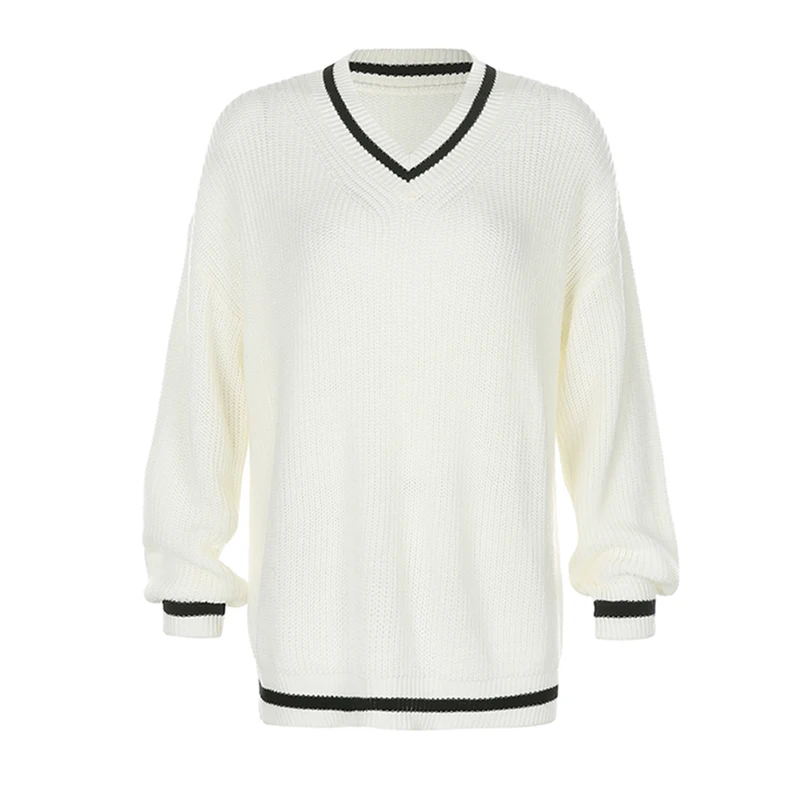 

V Neck White Casual Sweater Women Preppy Style Korean Long Sleeve Jumpers Ladies High Street Autumn Winter Pullover
