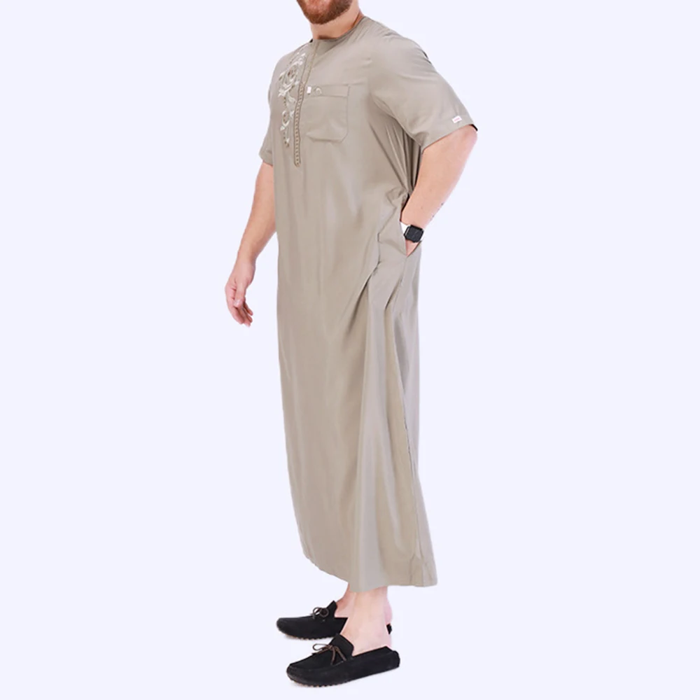 New Summer Arab Ethnic Dress Men Loose Embroidery Short Sleeve Top Worship Muslim Dubai Robe Middle East Islamic Prayer Clothing