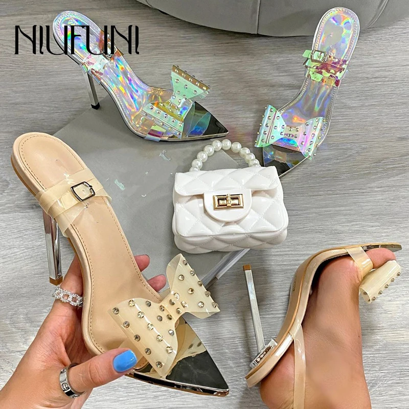 

Summer New Transparent PVC Rhinestone Bow Women's Sandals Metal High Heels Sandals Pointed Peep Toe Buckle Clear Slingback Pumps