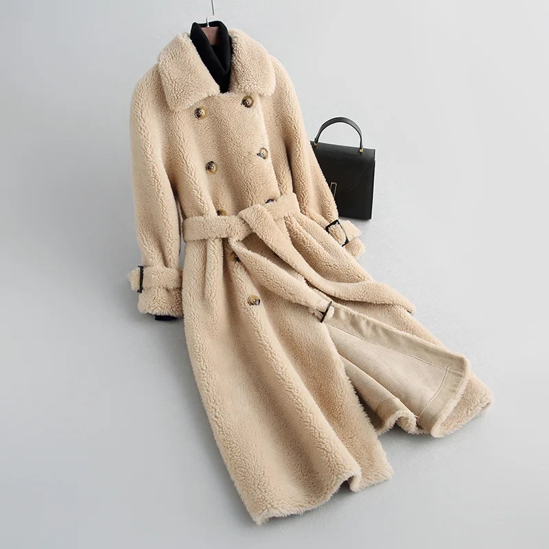 Real Fur Coat Women Jacket 2022 New Winter Clothes Sheep Shearing Double Breaste Thick Long Wool Parkas Belt Elegant Female Tops